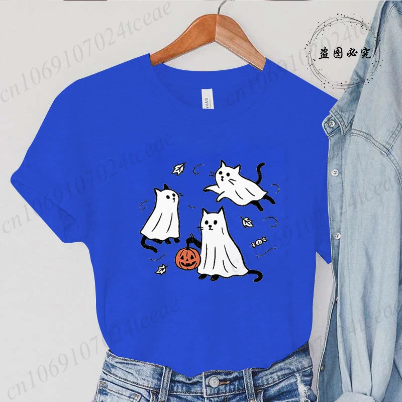 New Fashion Ghost Cat T-Shirt Tops Womens Vintage T-Shirt Funny Spooky Halloween Classic T-Shirt Tops Women's Tees Streetwear
