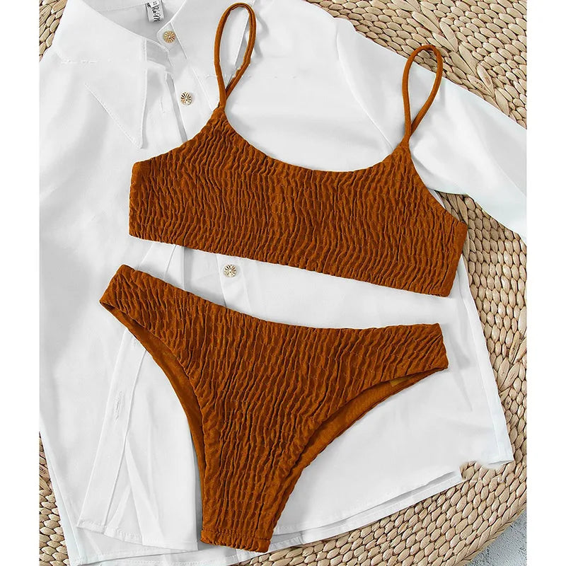 Sexy Triangle Bathing Suit for Women Vintage Pleated Suspender Push Up Bikini Summer 2025 New Simple Solid Swimwear Bikinis Sets
