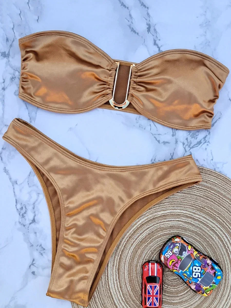 Shiny Bandeau Bikinis 2025 Strapless Bikini Female Swimsuit Women Swimwear Two-pieces Bikini Set High Cut Bathing Suit Swim Lady