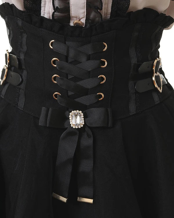 Japanese Liz New Summer Lace Edge Leather Ring High Waist Pleated Skirt Ribbon Bow All-match Short Skirts Big Bow Lolita Blouses