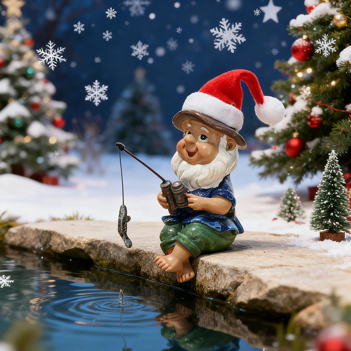 1 Christmas fishing dwarf, creative Christmas home decoration, fun Christmas hat dwarf, Christmas gift, resin crafts