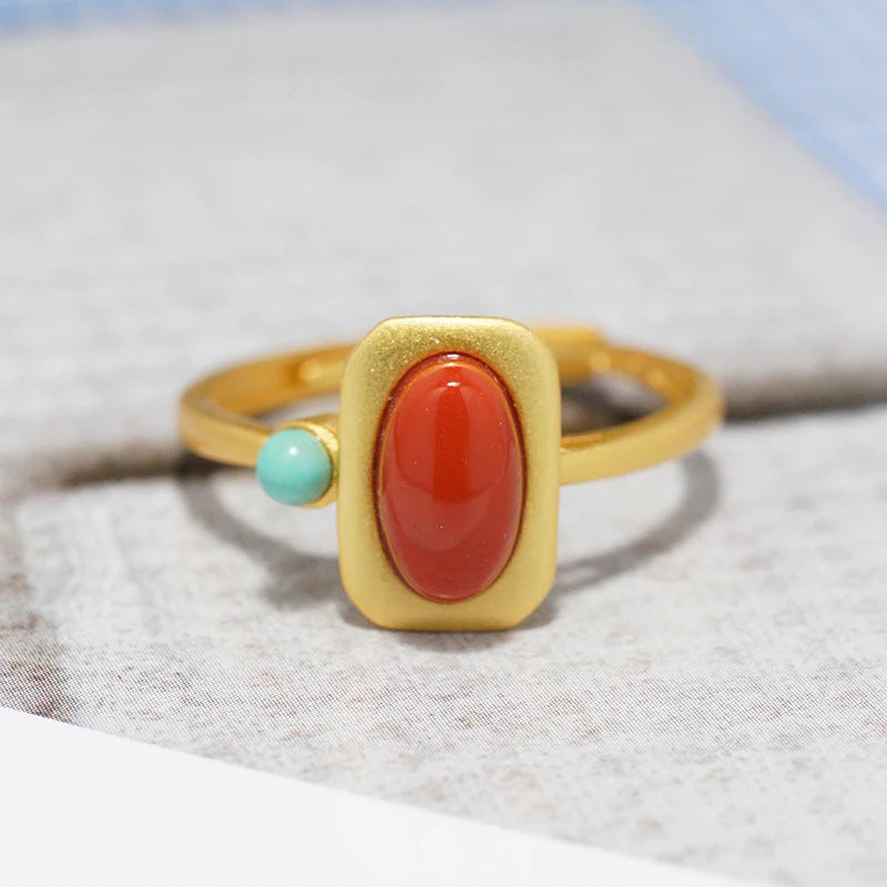 Exquisite artistic style Southern red tourmaline square rings for women inlay turquoise Simple charm jewelry adjustable