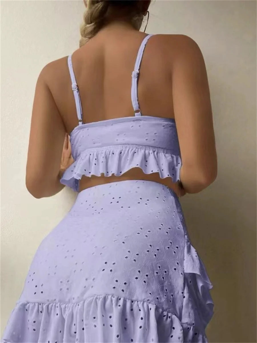 Sexy White 3 Piece Bikinis Set 2025 Women Halter Cut Out Tie Up Ruffles Push Up Skirt Swimsuit Bathing Suit High Waist Swimwear