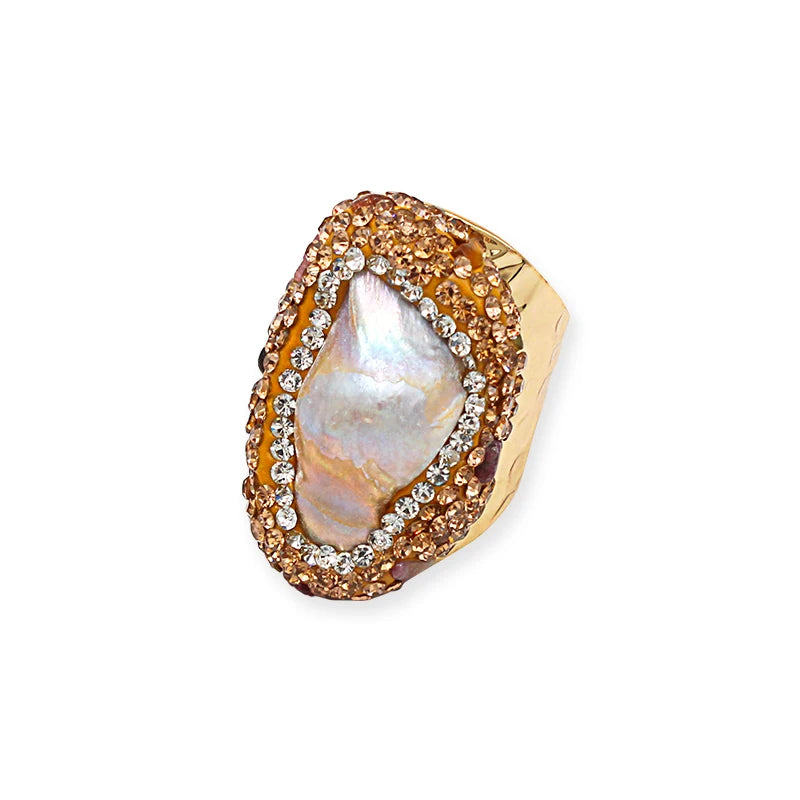 Micro Inlay Baroque Pearl Open Ring for Women Boho Finger Wedding Jewelry with Tourmaline Wholesale