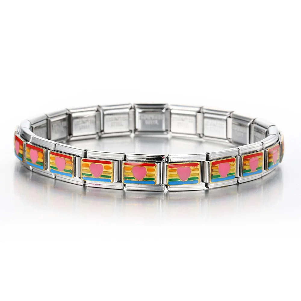 Rainbow Love Smile Italian Charm Bracelet Stainless Steel Elastic Hand Chain Link Making DIY Jewelry Gifts For Women Men Bangle