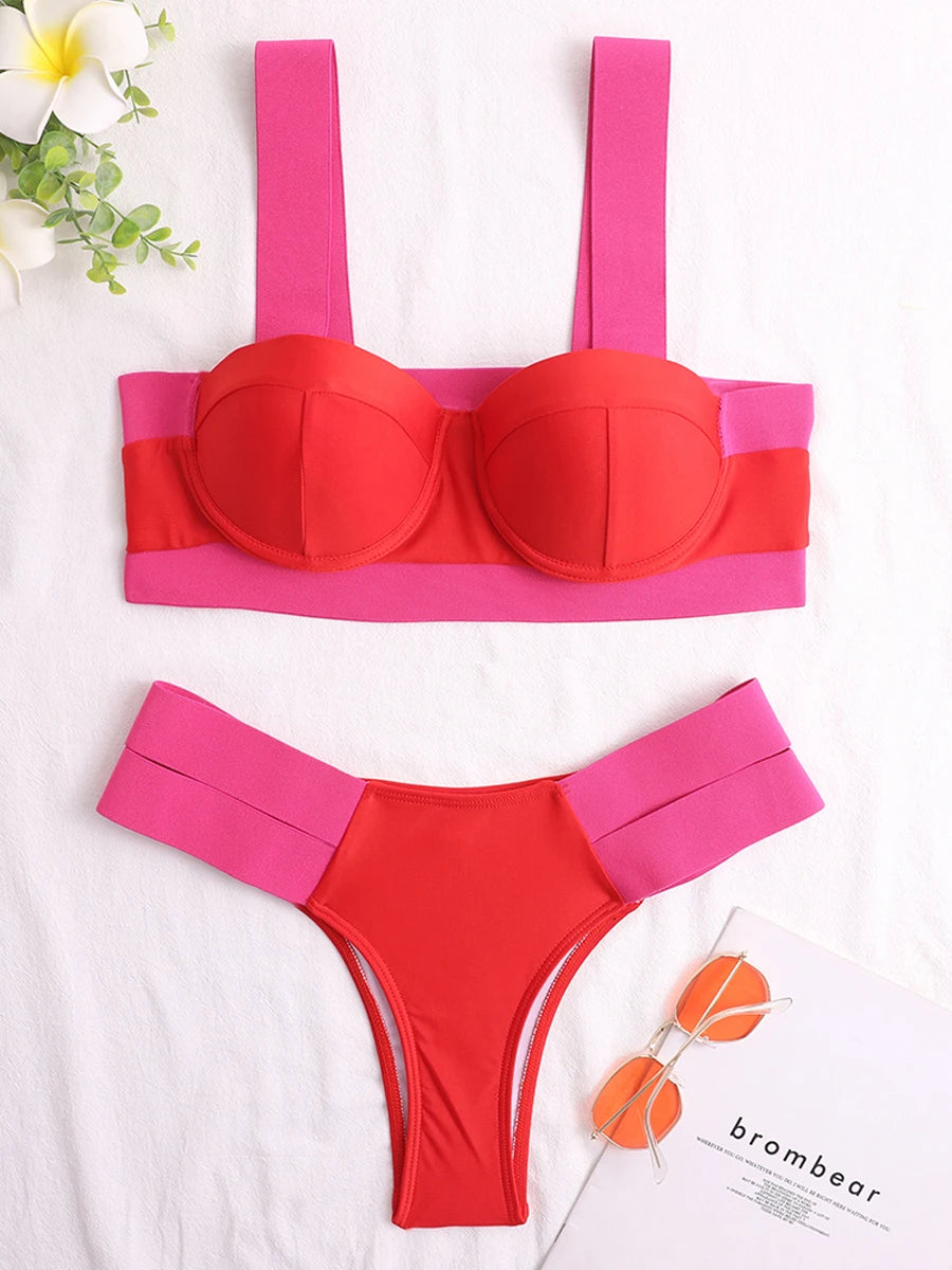 Solid Bandage Bikini Women Push Up Swimsuit Sexy Swimwear Female Brazilian Bathing Swimming Suit Bather Splicing Color Beachwear