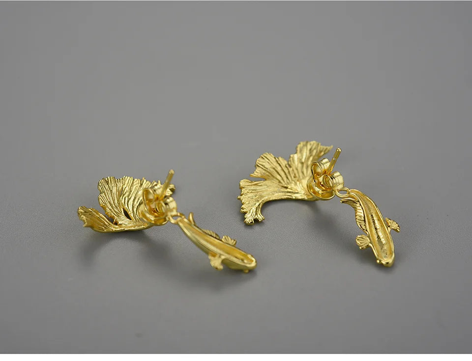 Lotus Fun 18K Gold Unusual Divided Design Fighting Fish Stud Earrings for Women Real 925 Sterling Silver Original Fine Jewelry