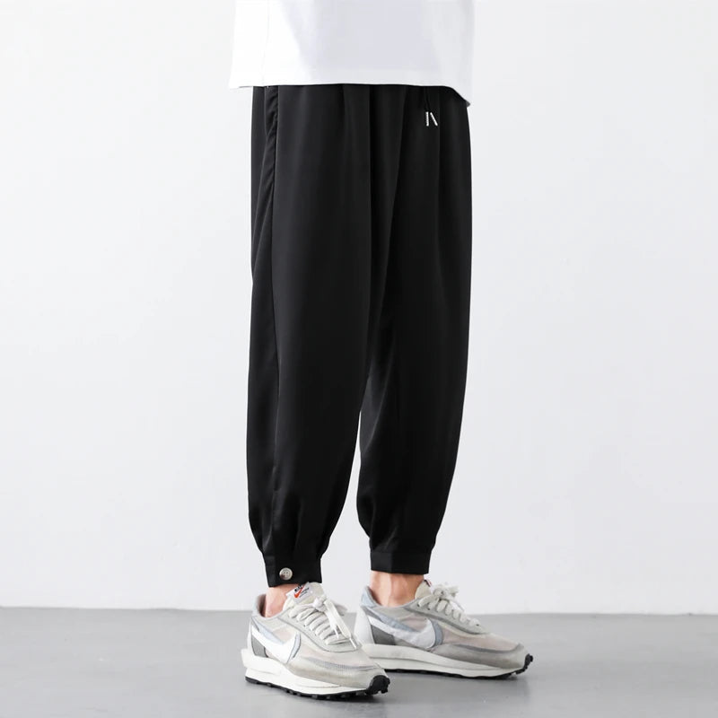 M-5XL Summer New Men's Pants Solid Color Legged Pants Casual Shorts Thin Ice Silk Cool Dry Nine Cent Pants