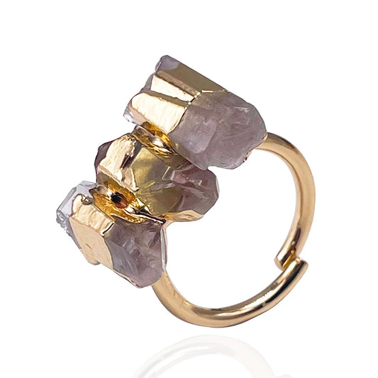 Healing Crystal Open Ring for Women Girls Gold Color Irregular White Quartz Finger Jewelry Resizable Small Size