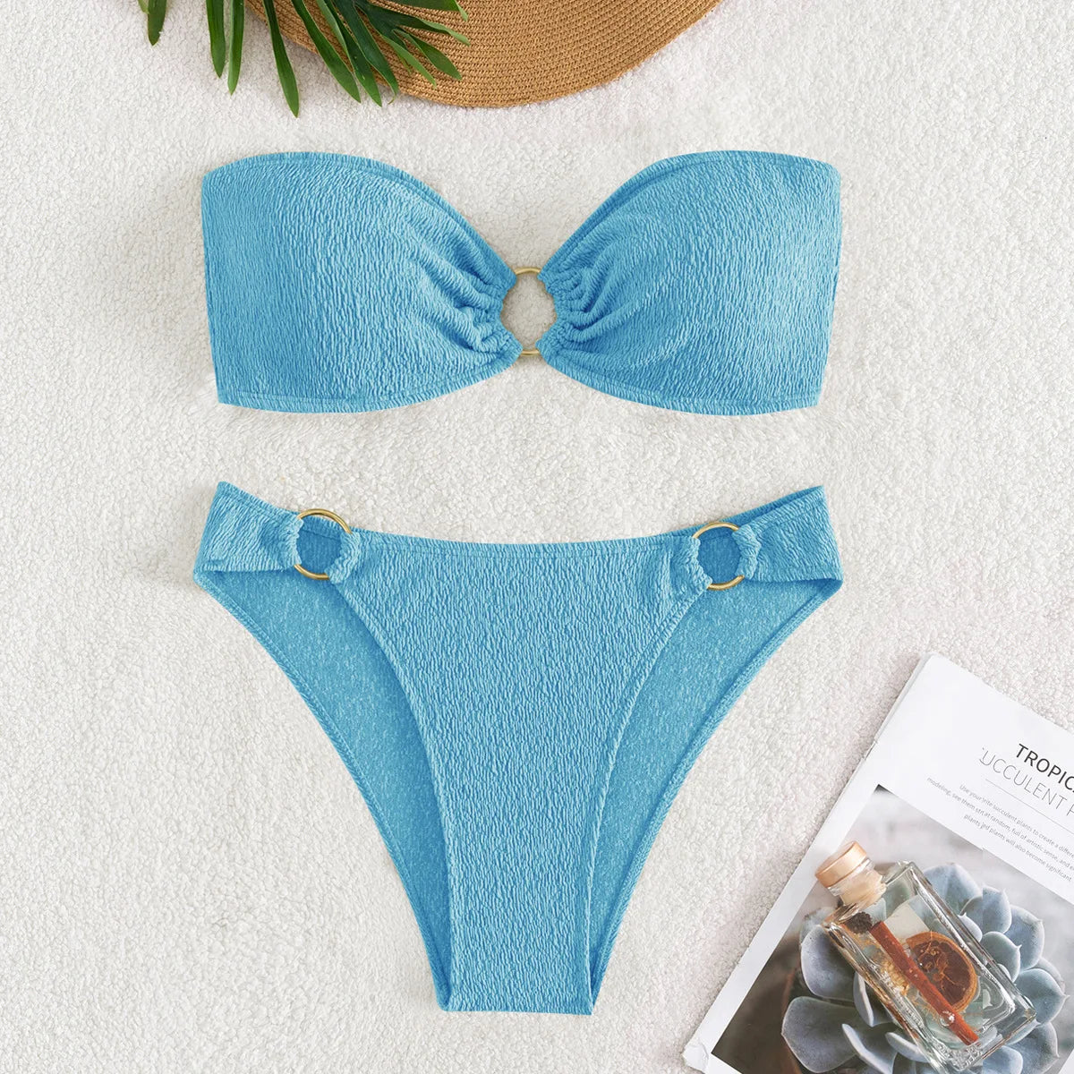 Sexy Bandeau Bikinis Sets Women Metal Ring Linked Push Up Micro Swimsuit 2025 Solid Bathing Suit Thong Swimwear Trajes De Baño