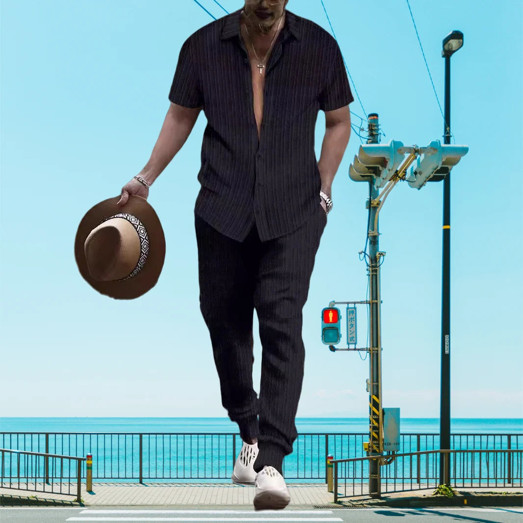 Ultra-thin Ultra-light Summer Men's Shirt Casual Loose Short Sleeve + Trousers Beach Suit Surf Casual Solid Color Lapel Suit