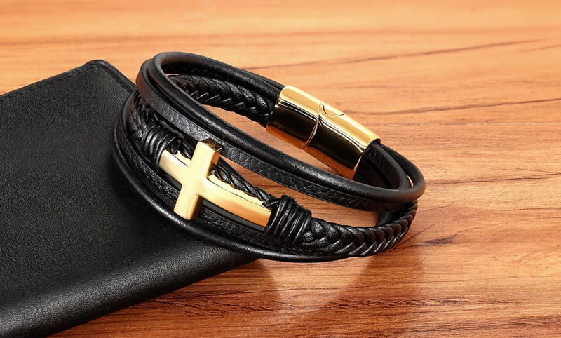 Men's Cross Bracelets Luxury Design Stainless Steel Bangles Classic Leather Bracelet Men Accessories Wrist Band Male Gift