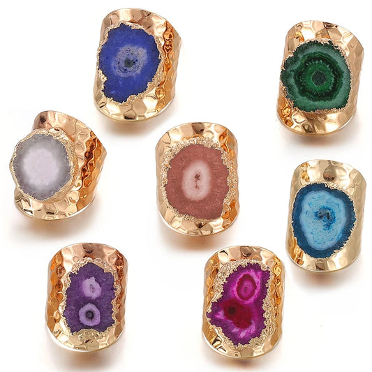 Boho Irregular Natural Stone Agate Slices Sunflower Wide Open Ring for Women Gold Plated Resizable Finger Jewelry