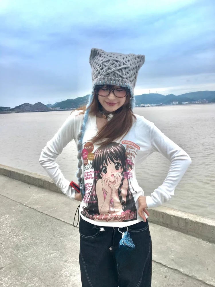 Cute T Shirt Women's Clothing Long Sleeve Slim Waist Anime Tees Y2k Tops 2025 Ropa Mujer Casual Fashion Japanese T-shirts 63c405