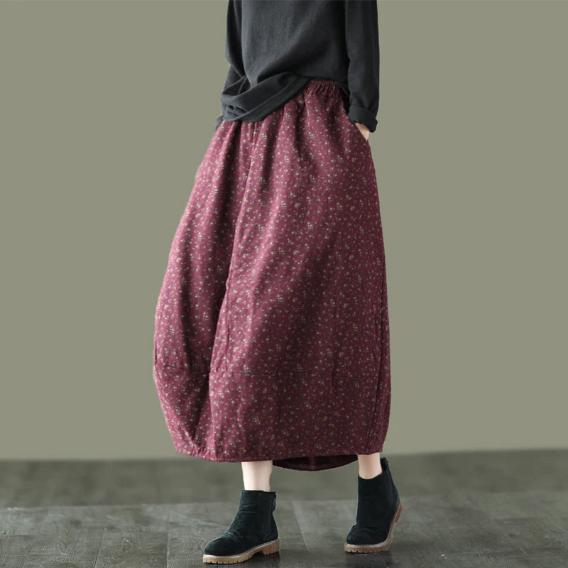 Careaymade New Autumn Winter Print Cotton Skirt Women Elastic Waist Thick Warm Long Skirts Female Loose Vintage Skirts