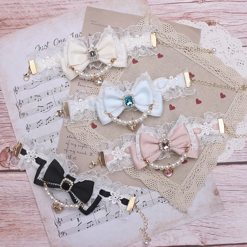 Ornate Mine Series  Handmade Ribbon Bow Bracelet Women Pearl Lace Chain Bow with Heart Pendant Lolita Accessories Bracelet