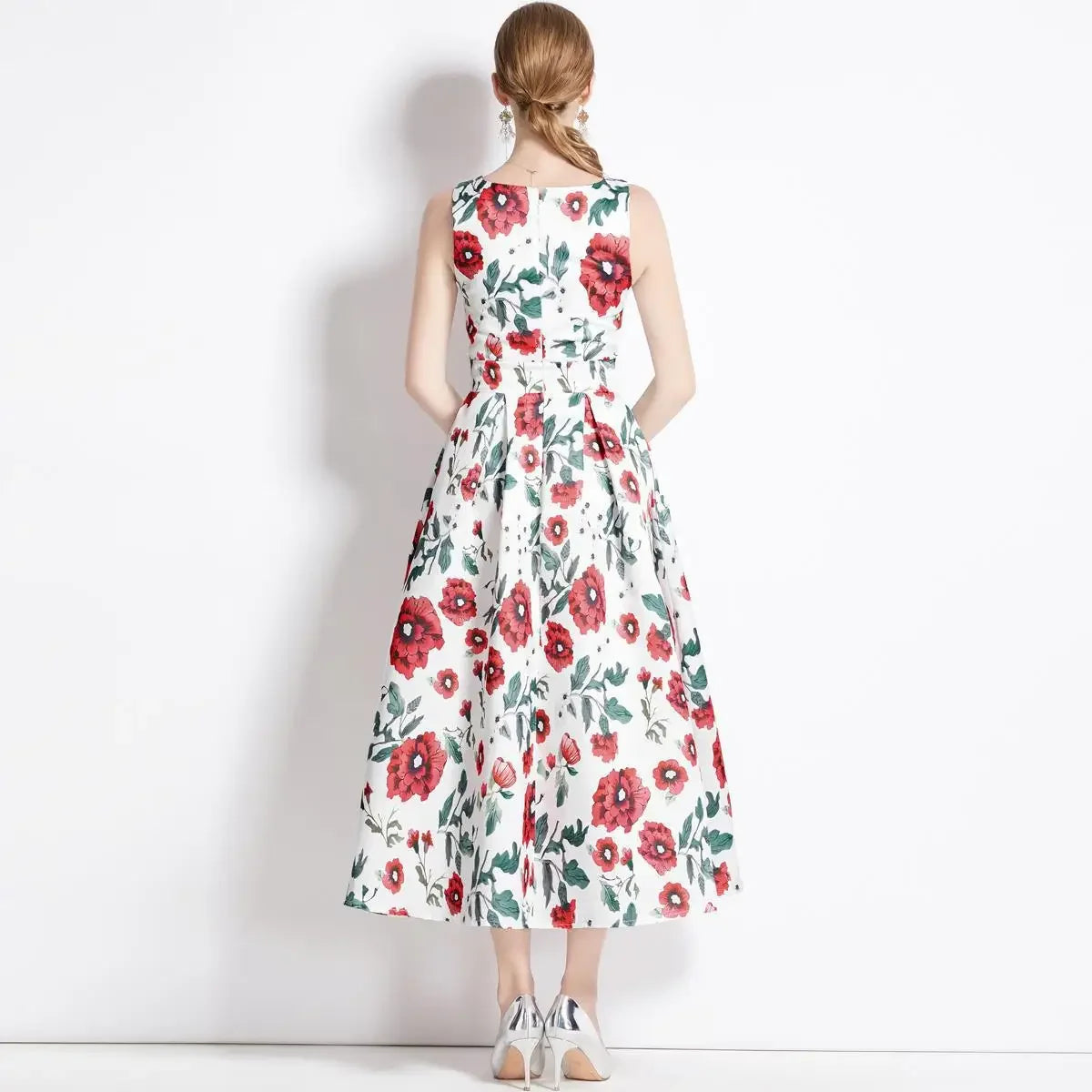 Summer New Long Floral Print Dress Big Hemline Slimming Fashionable Umbrella Skirt Style Sleeveless Women's Dress