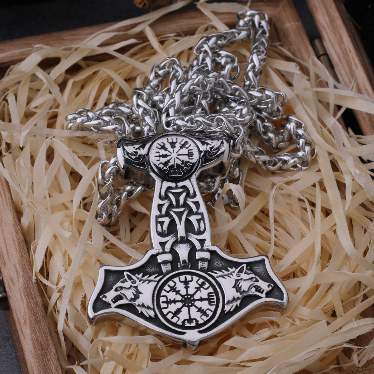 Stainless Steel Viking Thor's Hammer Mjolnir Wolf Head and Road Sign Compass Necklace Men's Norway Amulet Pendant Viking Jewelry