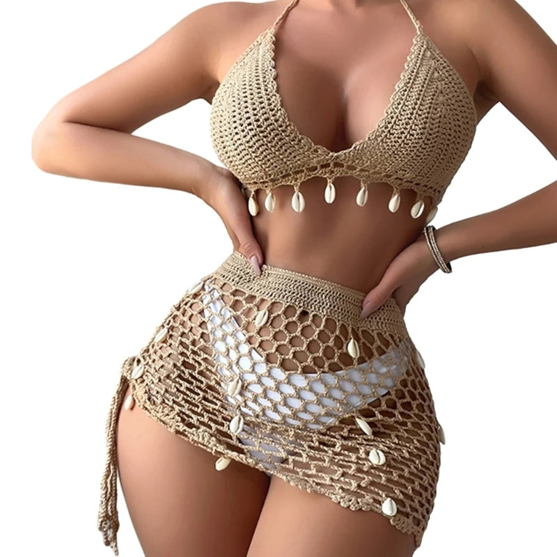 Women's 2 Piece Crochet Swimsuit Halter Bikinis Top and Cover Up Beach Skirt Set