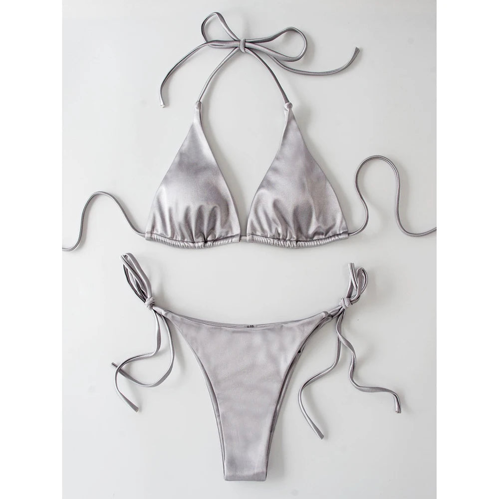Metallic Halter Triangle Bikini 2023 Swimsuit Women Swimwear Female Bathing Suits Brazilian Thong Micro Bikinis Set Beach Wear