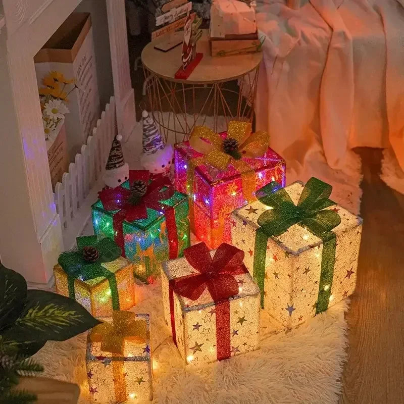 3PCS Set Christmas Gift Box Christmas Decor Luminous Bow Holiday Lighted Up Christmas Tree Holiday Party Indoor Outdoor Decor