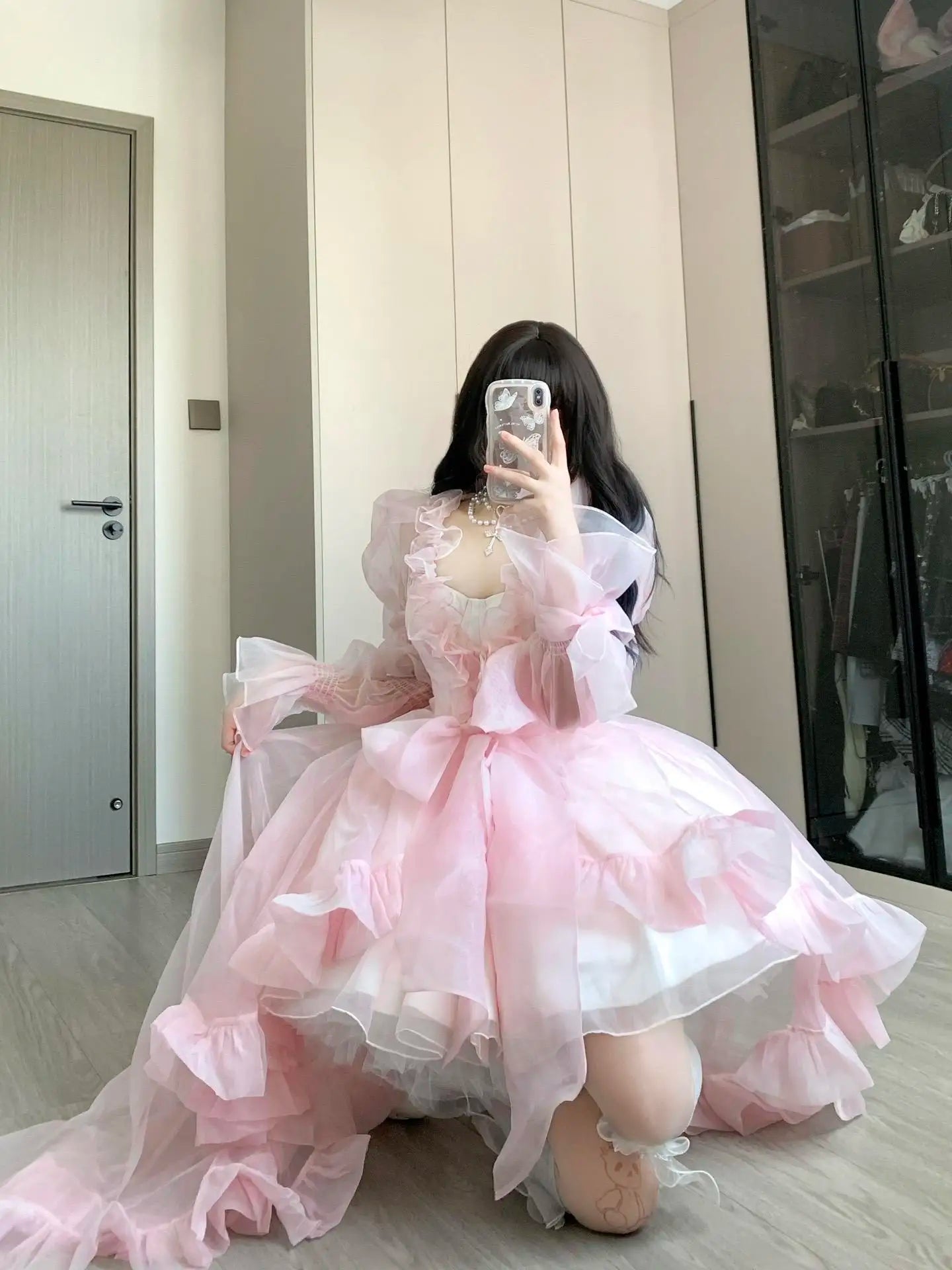 French Style Flower Wedding Dress Lolita Sweet Girl Women Fairy Tube Top Sling Dress with Long Cardigan Birthday Princess Dress