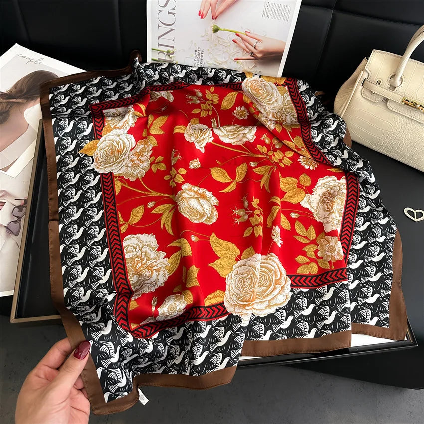 Imitated Silk Headcloth Fashion Flower Print Square Shawls Popular 70X70cm Bandanna Kerchief Sun Protection Silk Scarves Tie Bag