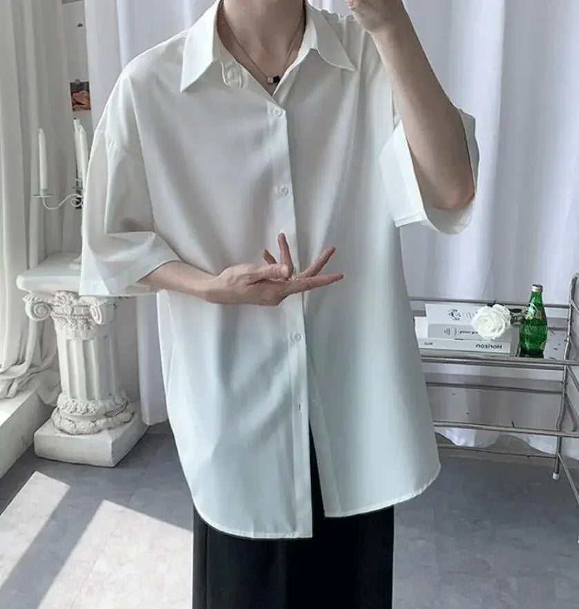 Clothes Short Sleeve Black Male Top Plain Men's Shirt And Blouse With Collar Korean Style Xxl Luxury Summer Original Silk Luxury