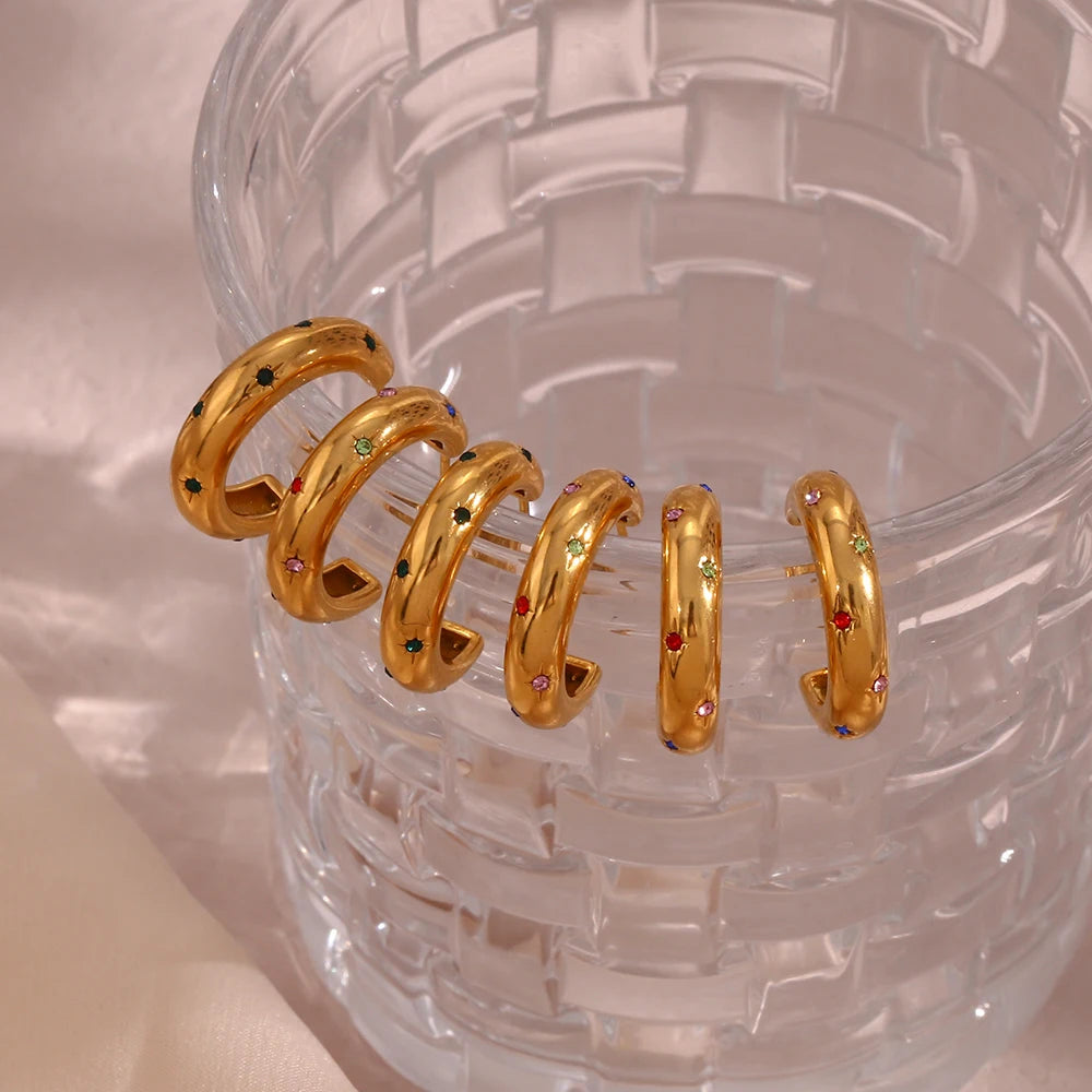 E B belle Official Store Stainless Steel Green Colorful 3A Zircon Stone Paved Hoop Earrings For Woman Golden Earring