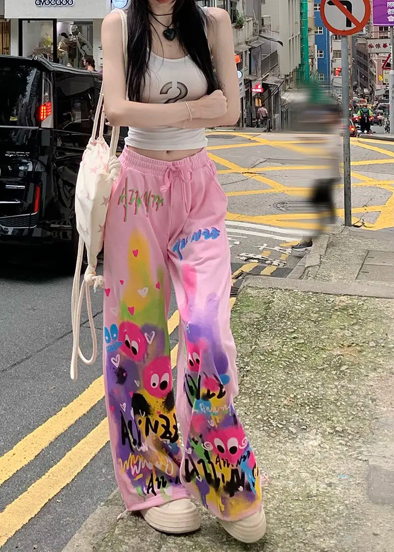 Kawaii Cute Dopamine Graffiti Casual Pants Women Tie Dye Summer Elastic High Waiste Drawstring Pockets Loose Wide Leg Trousers