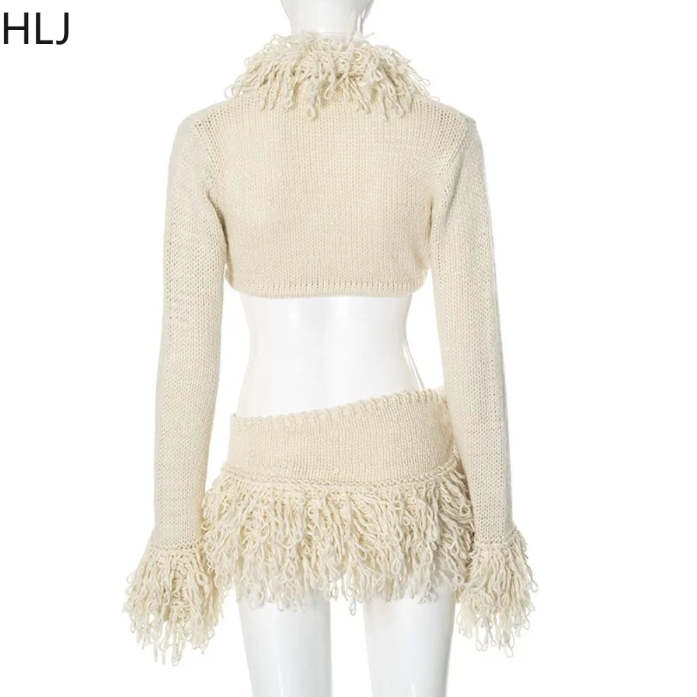 HLJ Sexy Knit Tassels 2 Piece Sets Woman Outfit Long Sleeve Lace-Up Cardigan Tops + Mini Skirts Suits Female Streetwear Clothing