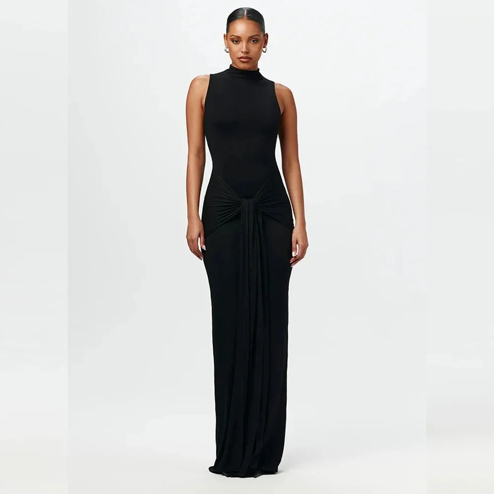 Slim Fit Wrap around Midriff Baring Sleeveless round Neck Dress for Women in Autumn And Winter Pure Color with Belt Detail