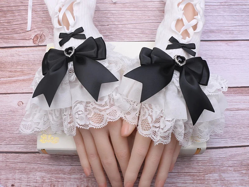 Handmade Sweet Women's Lolita Mine Lace Bow Rhinestone Oversleeves Girls Japanese Style Lace Sleeves Mittens