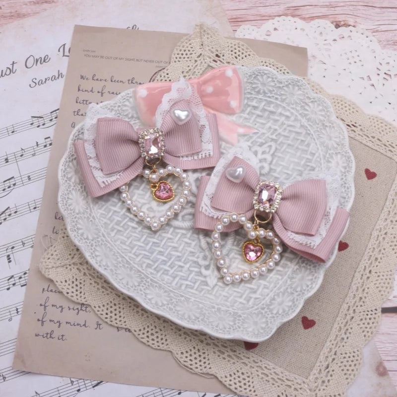 1 Pair Female Hair Clips Pearl Heart Side Clip Sweet Girl's Hairclips Lolita Hairpin Headdress Jiraikei Accessories