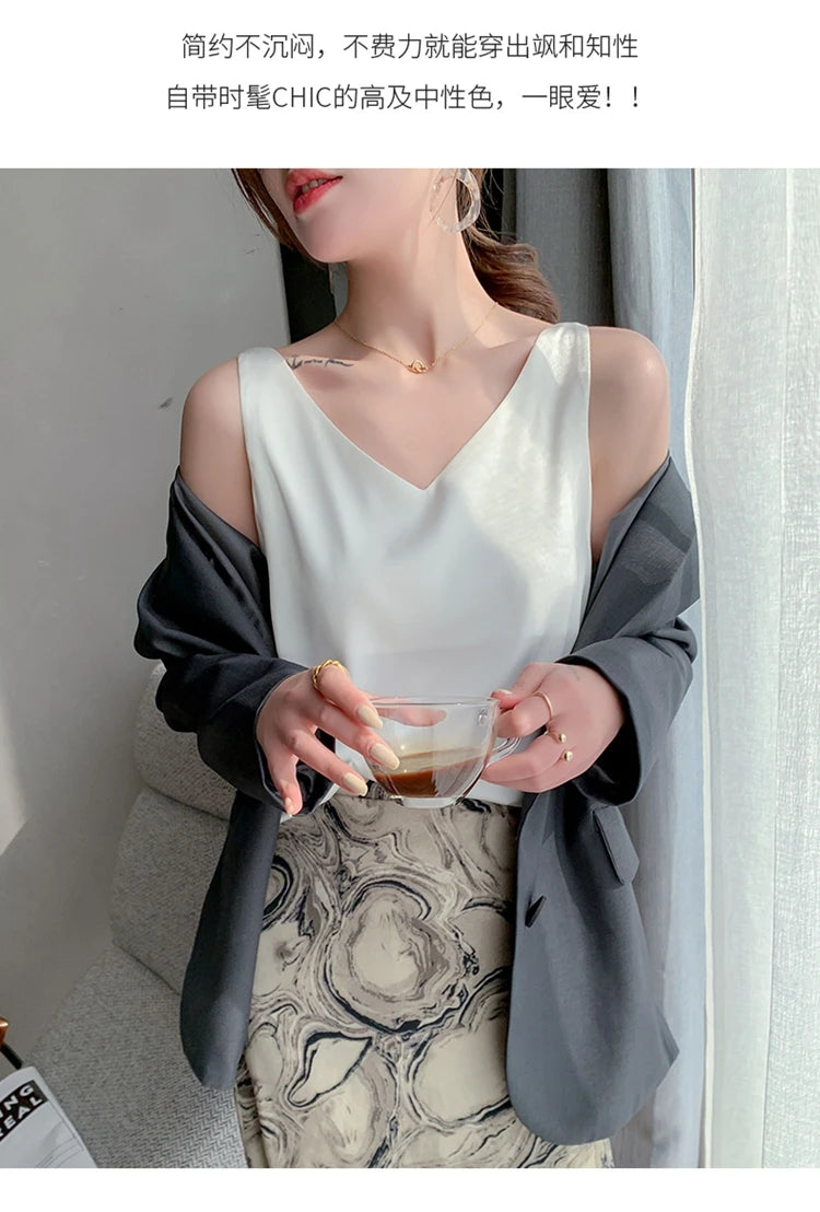 Women's New Four Seasons Inner Wear Silk Suspenders 2022 V-Neck Solid All-Match Satin Vest Soft Loose Thin Lady Sleeveless Tops