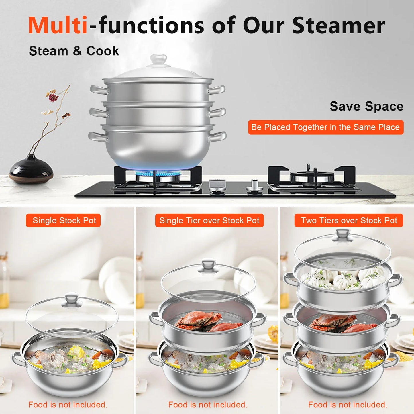3 Tiers Stainless Steel Steamer 28cm Overlapping Steaming Pot Cookware Kitchen Soup Steamer Cooker Set Silver with Glass Lid
