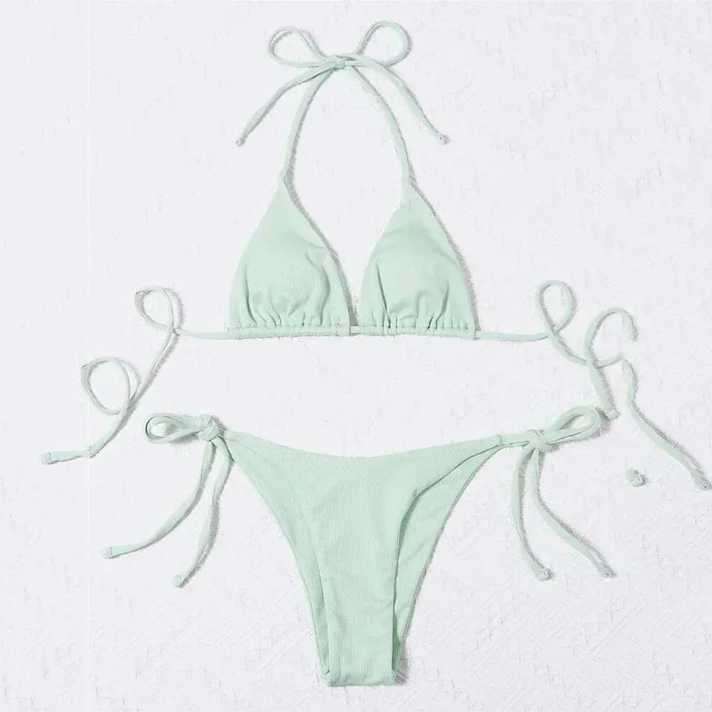 Brown Ribbed Swimwear String Halter Triangle Micro Bikini Thong Sexy Swimsuits Women Lace-up Bathing Suit Biquinis Bikinis Sets