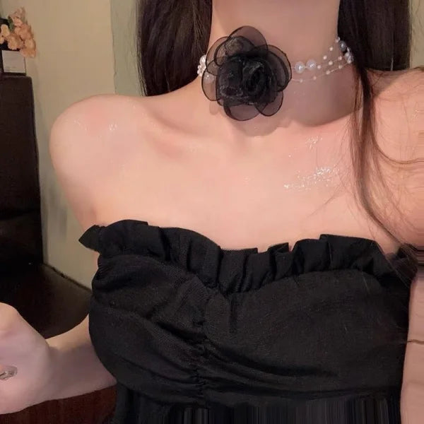 Cute White Black Lace Butterfly Bowknot Clavicle Chain Necklace For Women Crystal Bell Pendant Choker Necklace Fashion Jewelry