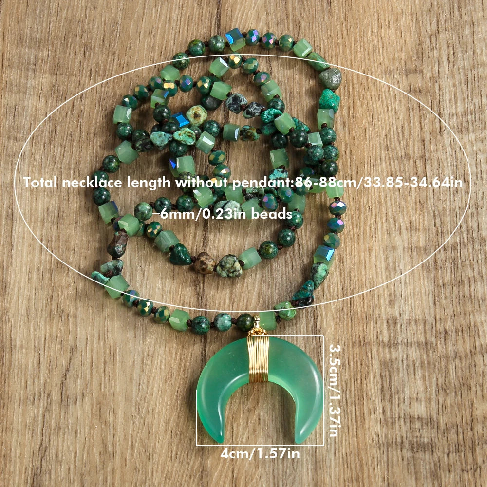 New Natural Crystal Aventurine Jade Agate Bull Horn Pendant 6mm Natural Stone Glass Knot Necklace Sweater Chain Women's Gift