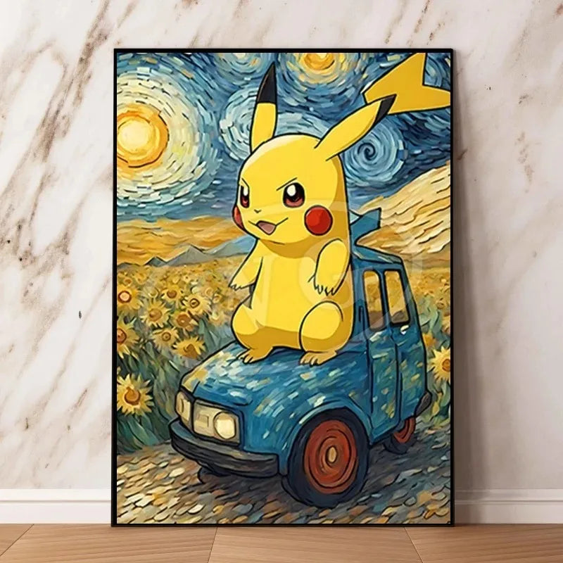 Van Gogh Museum Pocket Monster Anime Character Pikachu Canvas Painting Poster Living Room Bedroom Decoration Christmas Gift