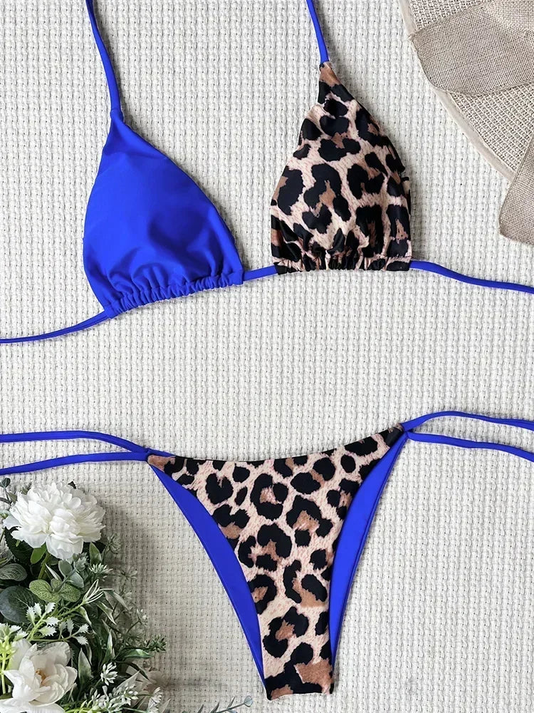 Halter Splicing Leopard Bikinis 2025 Satin Bikini Female Swimsuit Women Swimwear Two-pieces Bikini Set Micro Bathing Suit Swim