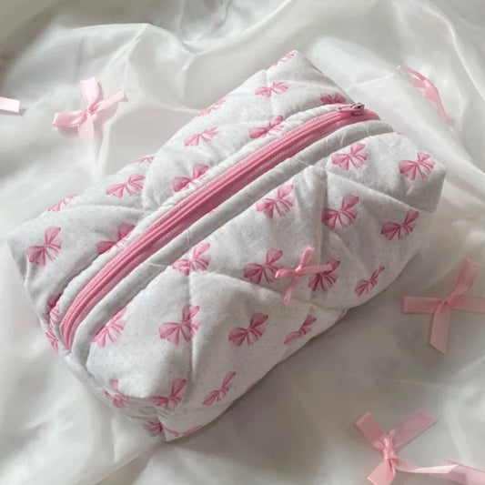 Cartoon Pink Bow Cute Storage Bag Cotton Fabric Cosmetic Bag Travel Portable Toiletry Storage Bag Women Makeup Case