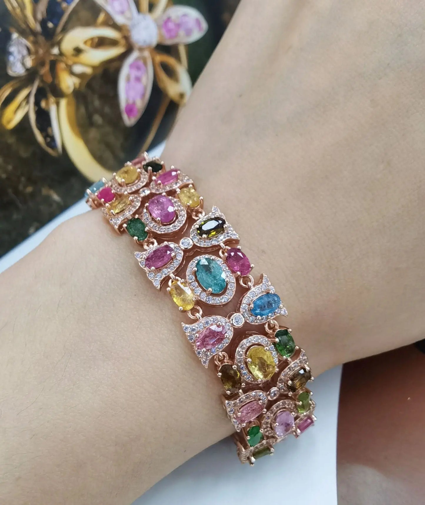 Women Austrian Rainbow Gem Bracelet Fantasy Bubble Plated 18K Gold Margaret Colored Gem Zircon Ring