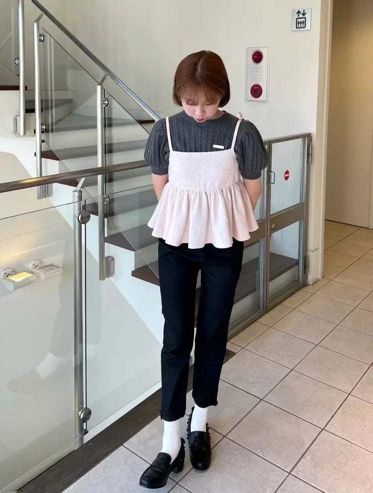 Japanese New Spring Ladies Sweet Bubble Short Sleeve Twist Knitted Top Sweater Letter Embroidered Pure Color Women's T-shirt