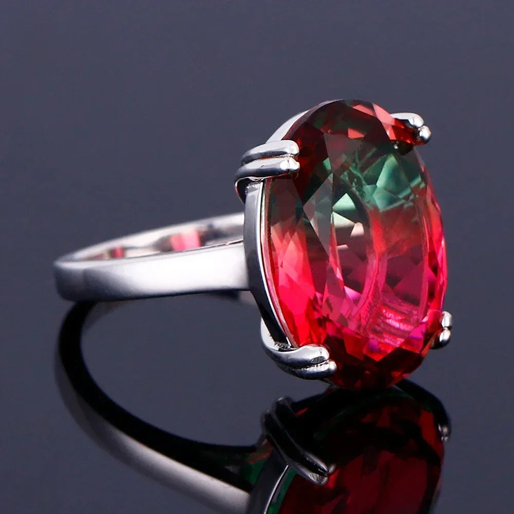 S925 Silver Fashion Large Oval AAAAA Zircon Rainbow Gemstone 13*18mm Multicolor Tourmaline For Woman Wedding Ring Bridal Jewelry