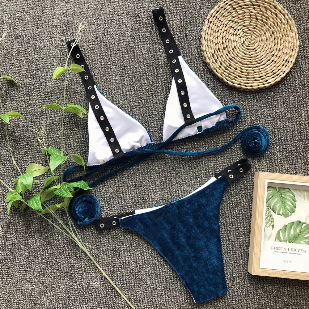 Bikini 2025 Sexy Velvet Fabric Solid Swimwear Swimsuit Women Bikinis Set Bathing Suit Beach Bikini Female Hollow Straps Biquinis