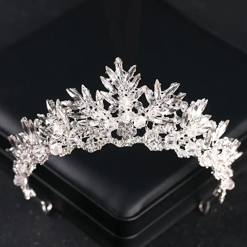 Luxury Silver Color Crystal Pearls Bridal Tiaras Crown Baroque Rhinestone Pageant Diadem Bride Headband Wedding Hair Accessories