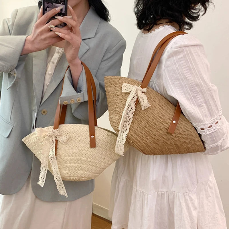 Women Braided Basket Clutches Bag Large Straw Portable Shoulder Bag Summer Beach Purses Shopper Satchel