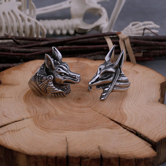 Stainless Steel Vintage Egyptian God Anubis Ring For Men Egyptian Mythology Hip Hop Fashion Biker Ring Animal Jewelry Wooden Box
