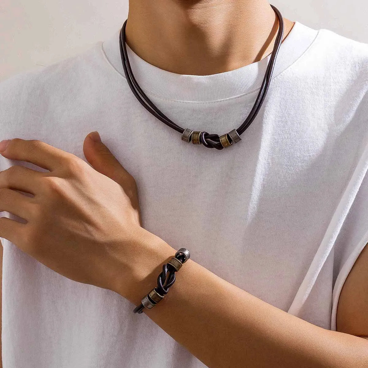 Vintage Pu Leather with Metal Beads Choker Necklace for Men Trendy Collar on the Neck Accessories 2023 Fashion Jewelry Male Gift